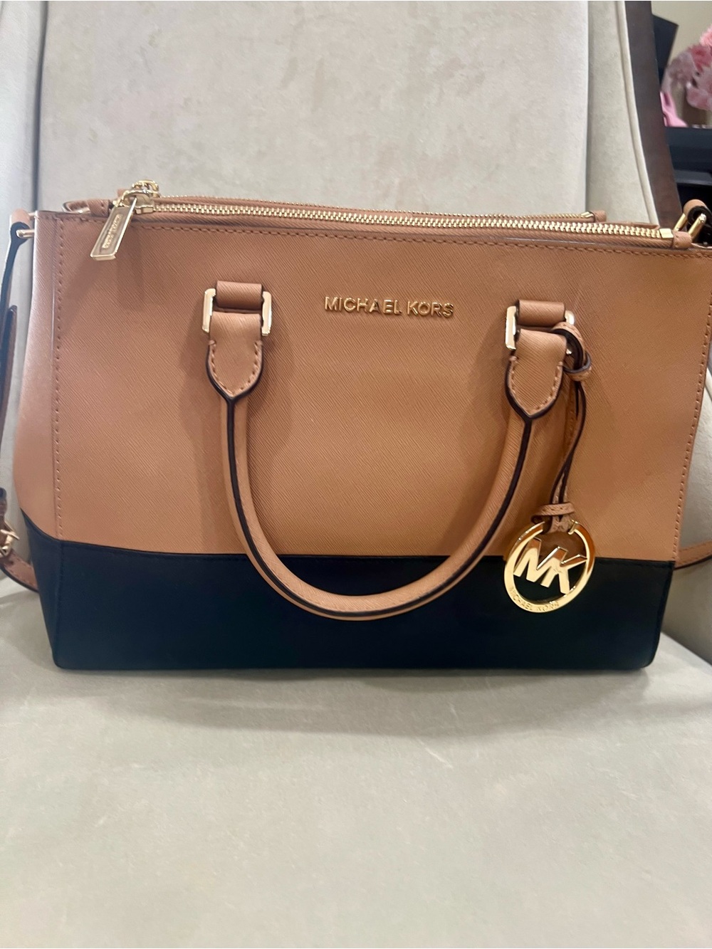 Michael Kors Tan and Black Colorblock Satchel with Gold Logo Charm